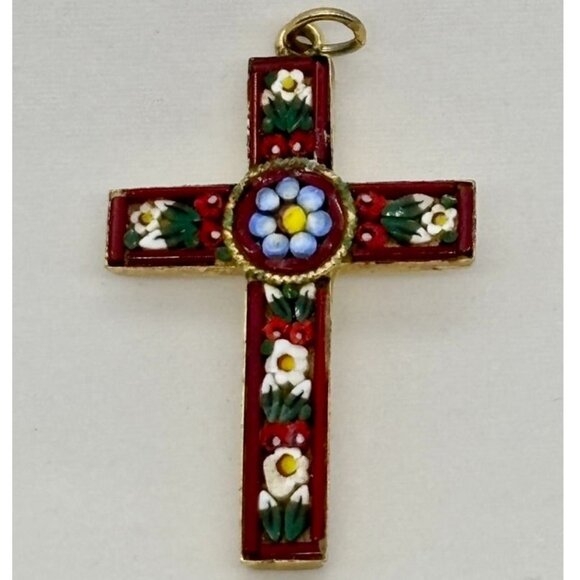 Vintage Italian Micro Mosaic Cross Gold-Tone Metal Red W/Blue White Green Marked - Picture 1 of 12